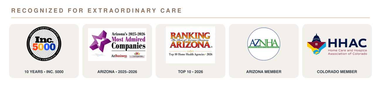 Total Care Connections recognitions and memberships: Inc. 5000, Arizona's Most Admired Companies, Ranking Arizona Top 10, Arizona In-Home Care Association, and Home Care and Hospice Association of Colorado